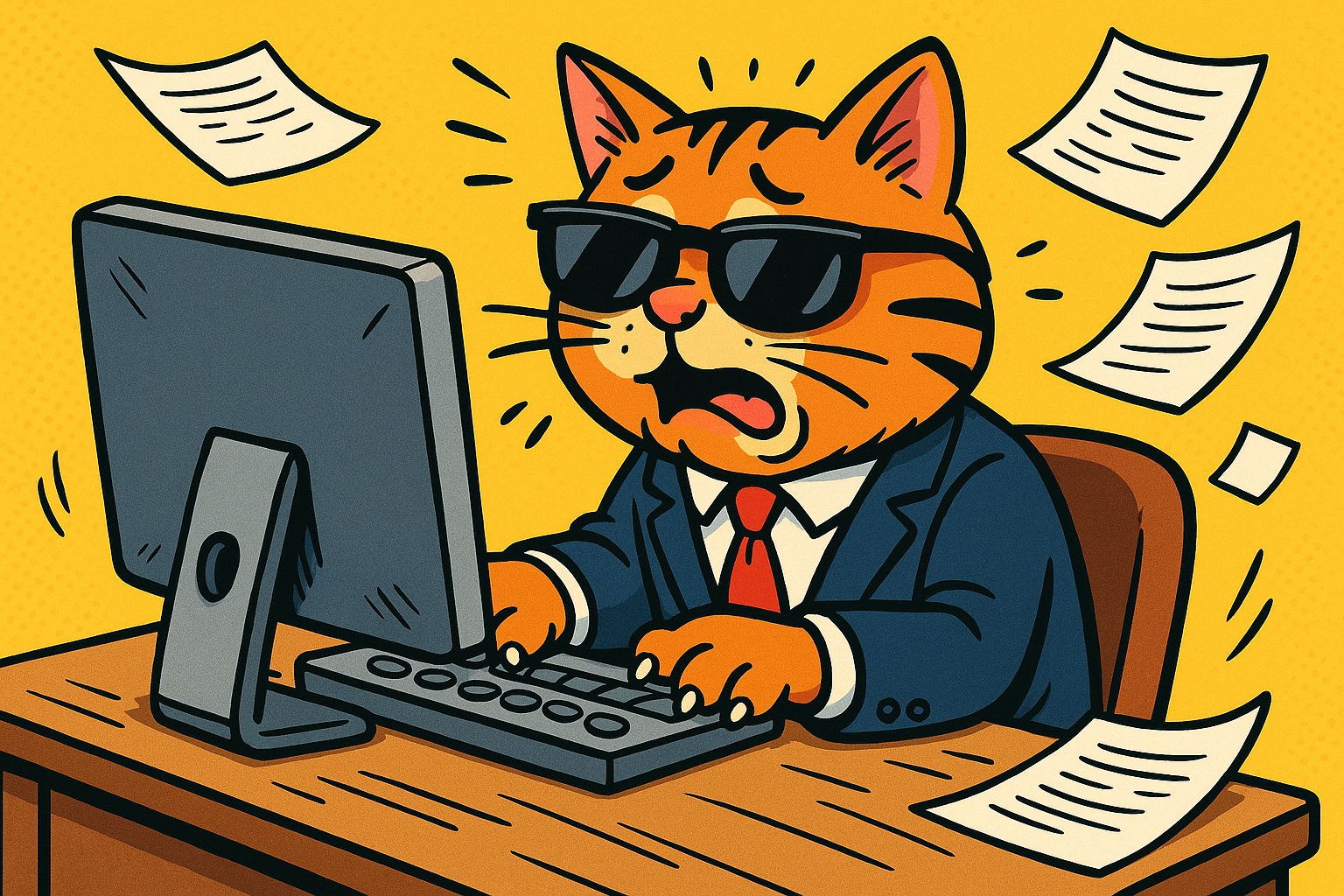 A cartoon cat in a business suit wearing sunglasses, struggling to use a computer with its paws while papers fly everywhere